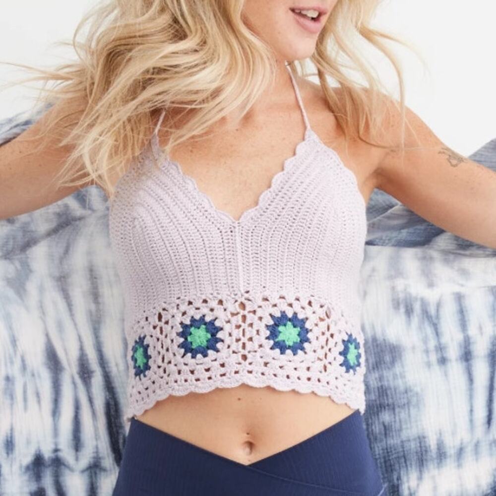 NWT Aerie Textured Crochet Halter Cropped Bra Top Lavender Purple